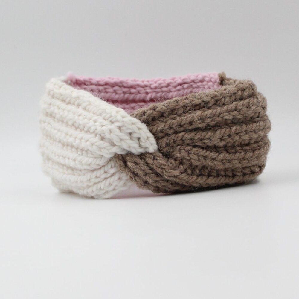 Handmade Knit Alpaca & Wool English Rib Pink, Beige, & White Ear Warmer Headband